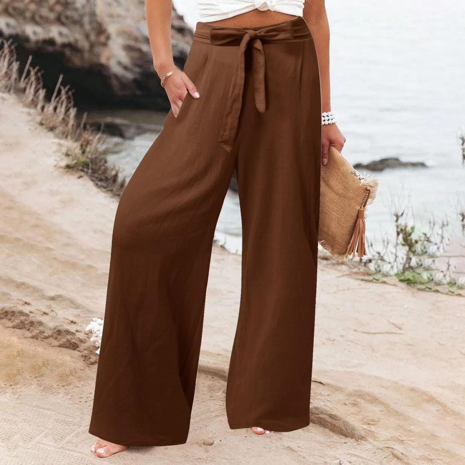 Womens Cotton Linen Summer Pull On Palazzo Pants Elastic Waist Ankle Length Slim-Fit Pant Trousers Vacation