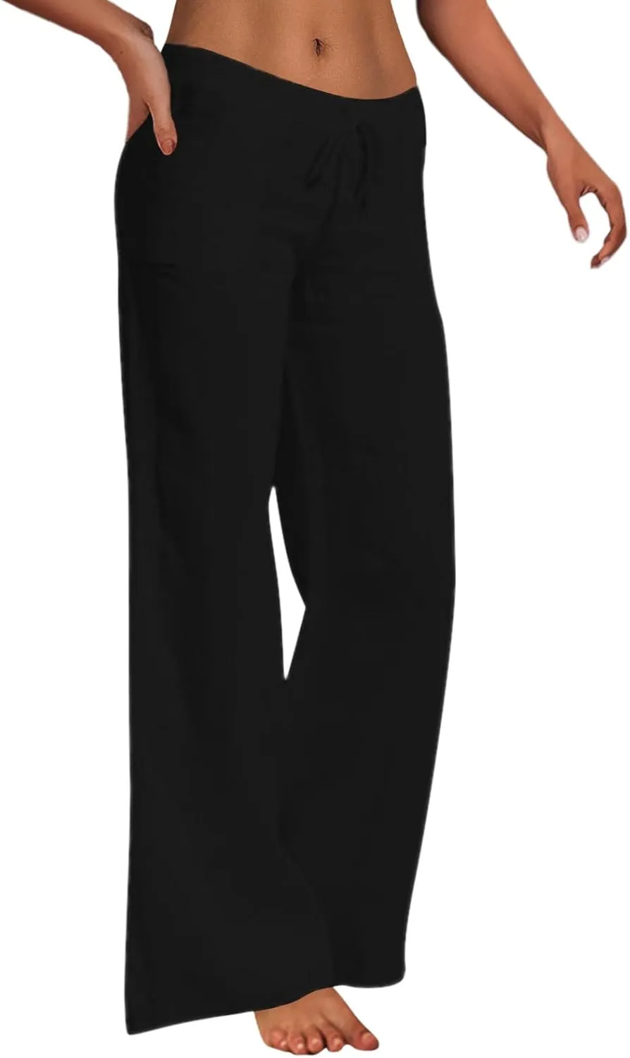 Women's Linen Blend Summer Casual Flowy Palazzo Pants Elastic Waisted Lounge Pants Plus Size Trouser Beach