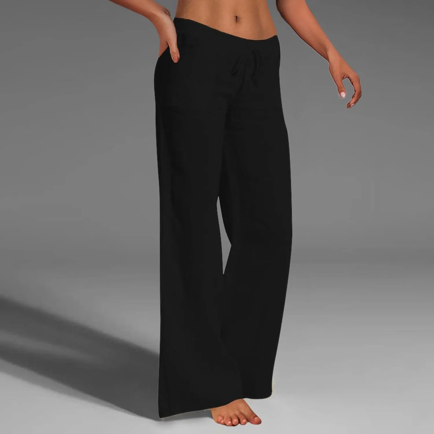 Women's Linen Blend Summer Casual Flowy Palazzo Pants Elastic Waisted Lounge Pants Plus Size Trouser Beach