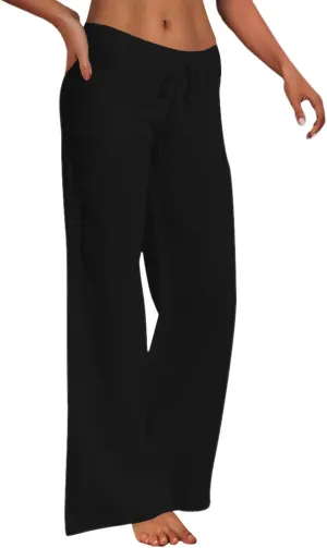 Women's Linen Blend Summer Casual Flowy Palazzo Pants Elastic Waisted Lounge Pants Plus Size Trouser Beach