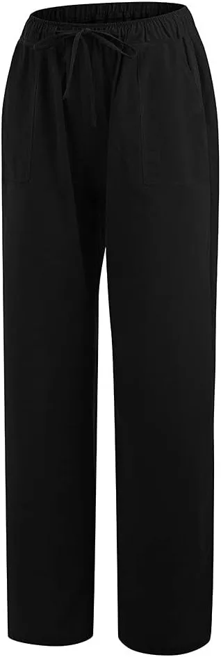 Women's Linen Blend Summer Casual Flowy Palazzo Pants Elastic Waisted Lounge Pants Plus Size Trouser Beach