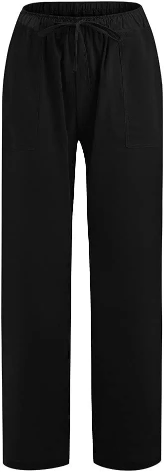 Women's Linen Blend Summer Casual Flowy Palazzo Pants Elastic Waisted Lounge Pants Plus Size Trouser Beach