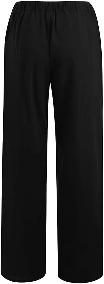 Women's Linen Blend Summer Casual Flowy Palazzo Pants Elastic Waisted Lounge Pants Plus Size Trouser Beach