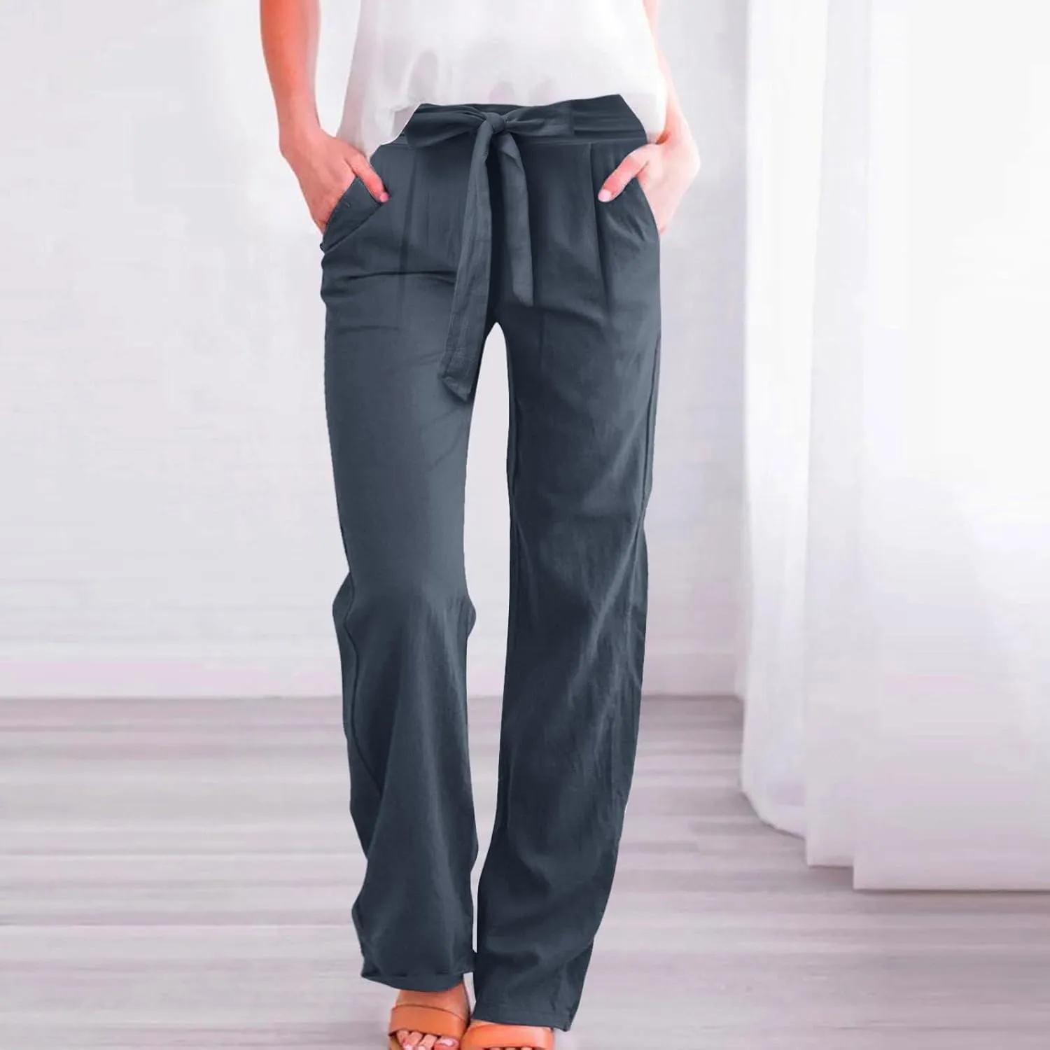 Women's Linen Blend Summer Casual Flowy Pants High Waist Lounge Pants Plus Size Trouser Vacation