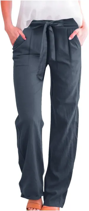 Women's Linen Blend Summer Casual Flowy Pants High Waist Lounge Pants Plus Size Trouser Vacation