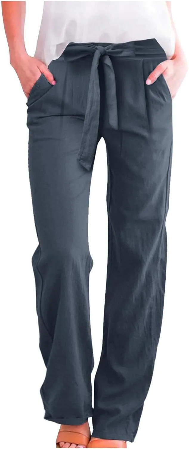 Women's Linen Blend Summer Casual Flowy Pants High Waist Lounge Pants Plus Size Trouser Vacation