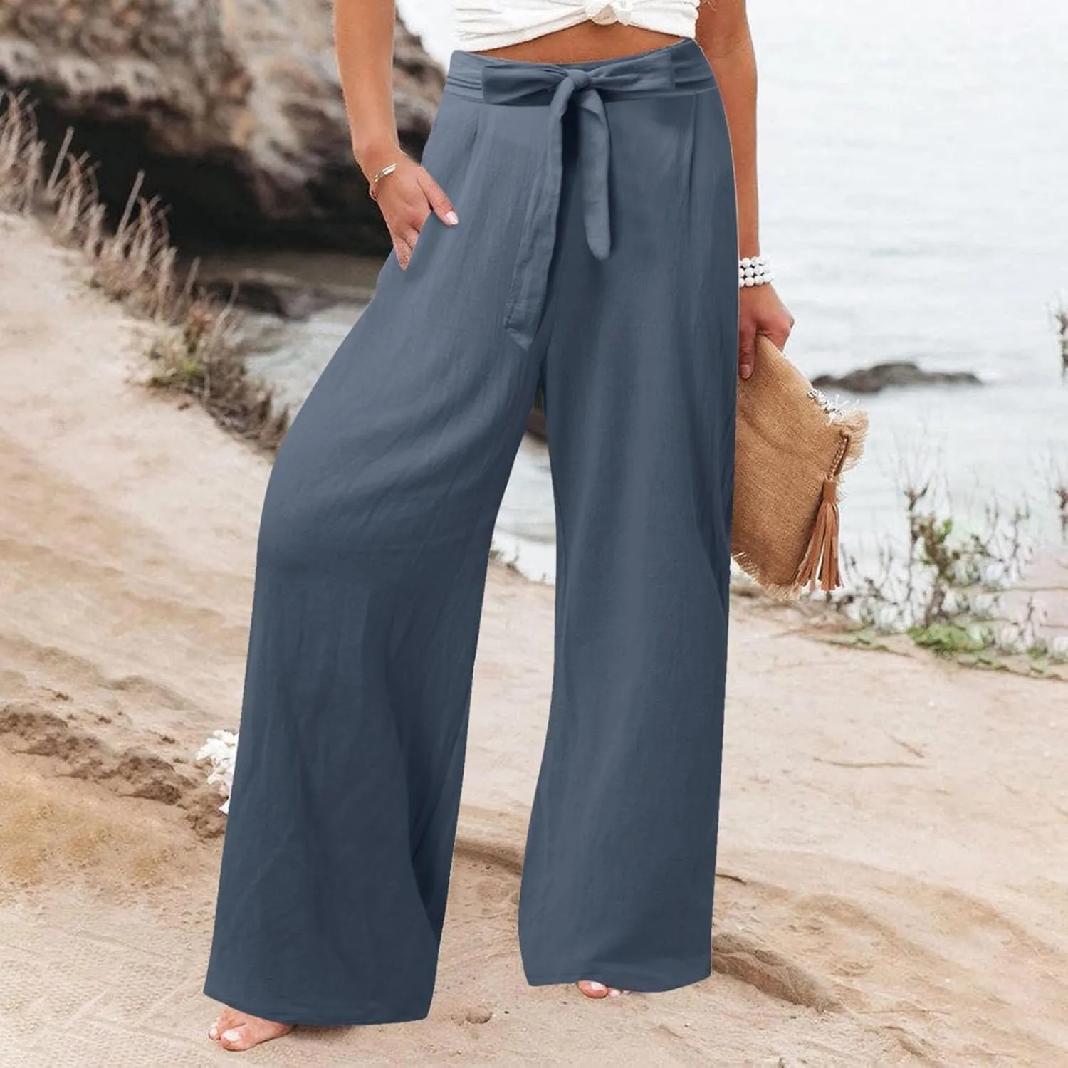 Women's Linen Blend Summer Casual Flowy Pants High Waist Lounge Pants Plus Size Trouser Vacation