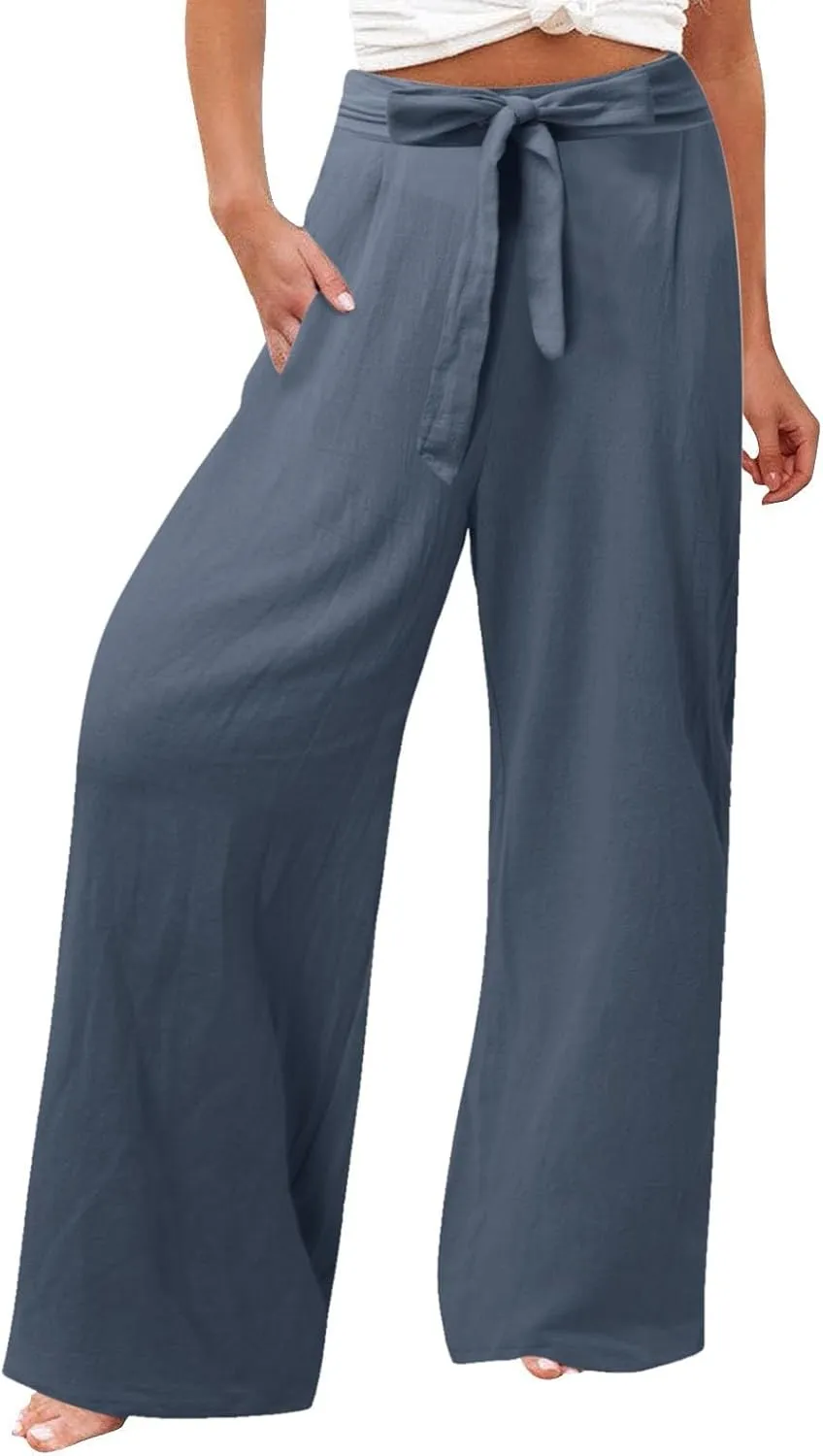 Women's Linen Blend Summer Casual Flowy Pants High Waist Lounge Pants Plus Size Trouser Vacation