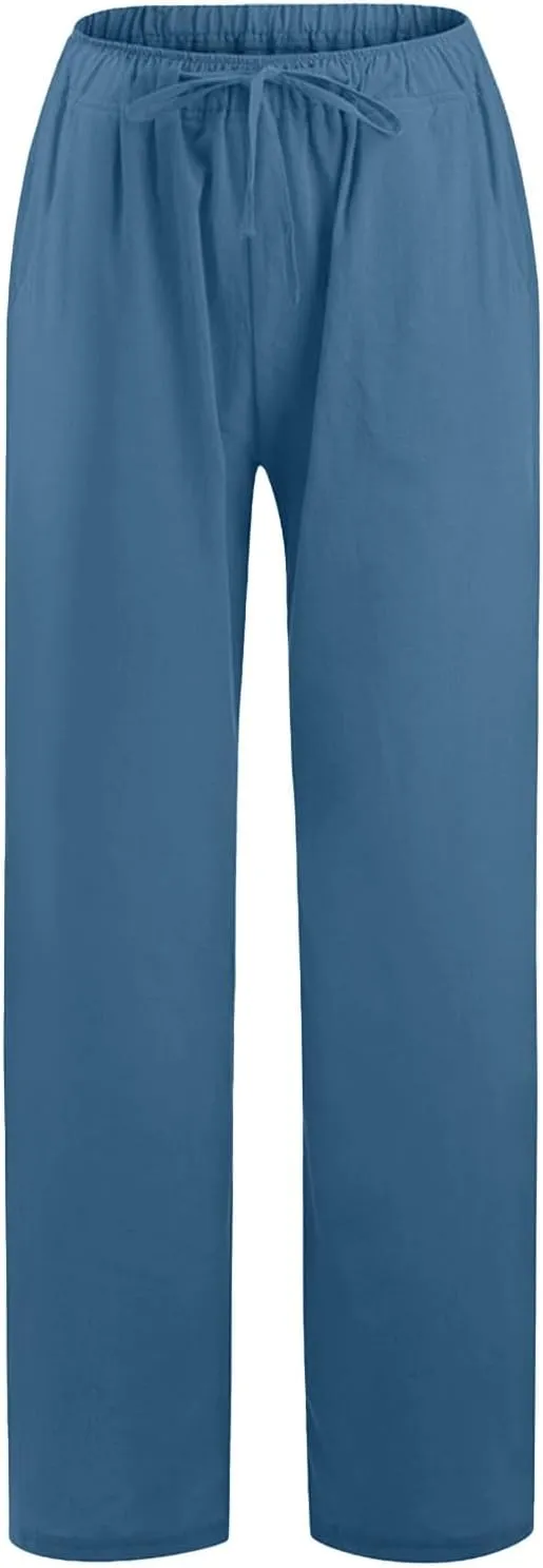 Women's Linen Blend Summer Letter Patched Pants Elastic Waisted Wide Leg Slim Fit Palazzo Lounge Pants