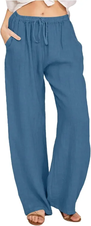 Women's Linen Blend Summer Letter Patched Pants Elastic Waisted Wide Leg Slim Fit Palazzo Lounge Pants