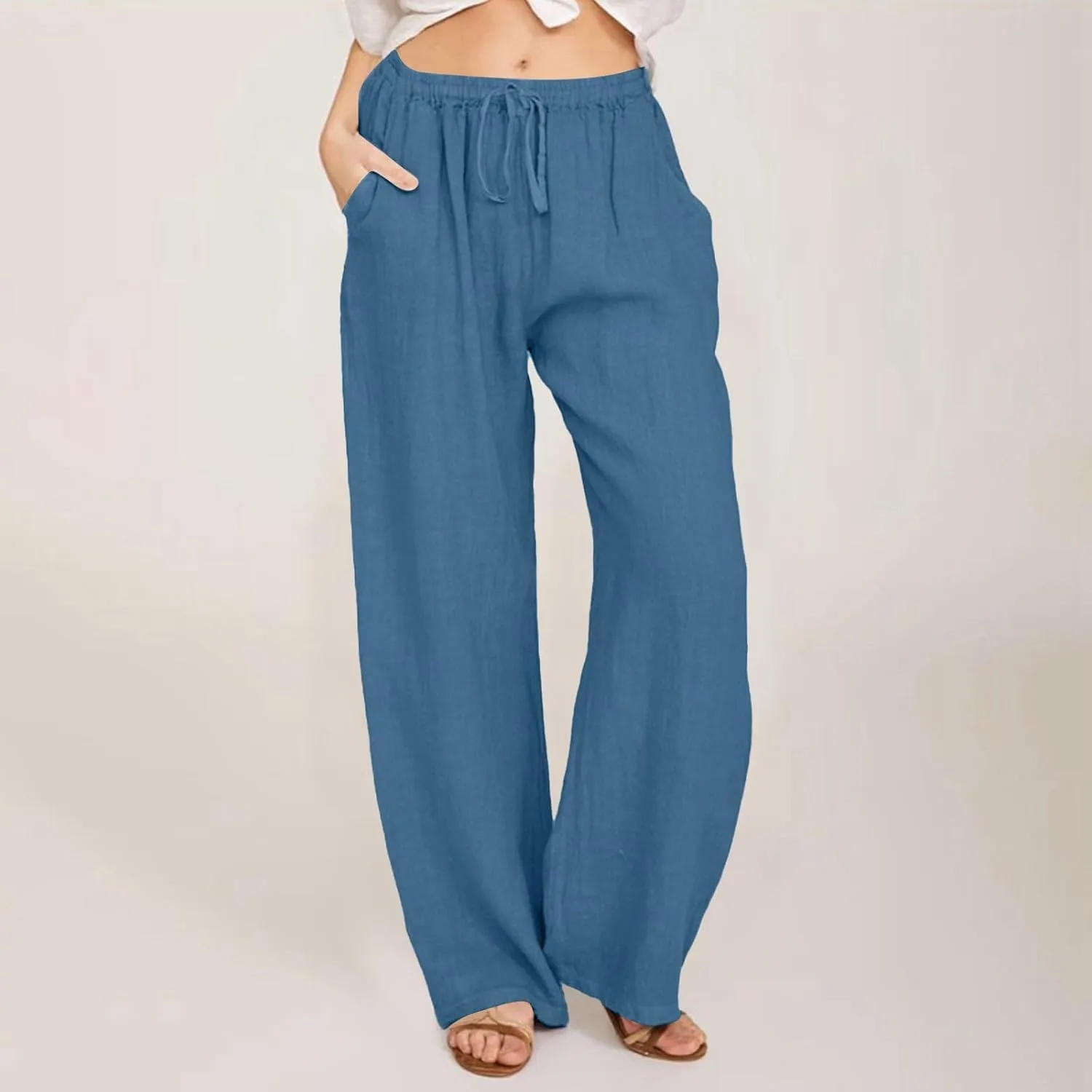 Women's Linen Blend Summer Letter Patched Pants Elastic Waisted Wide Leg Slim Fit Palazzo Lounge Pants