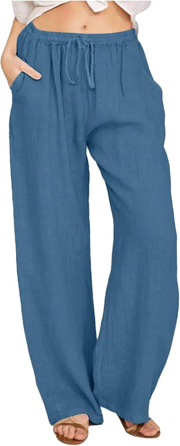 Women's Linen Blend Summer Letter Patched Pants Elastic Waisted Wide Leg Slim Fit Palazzo Lounge Pants