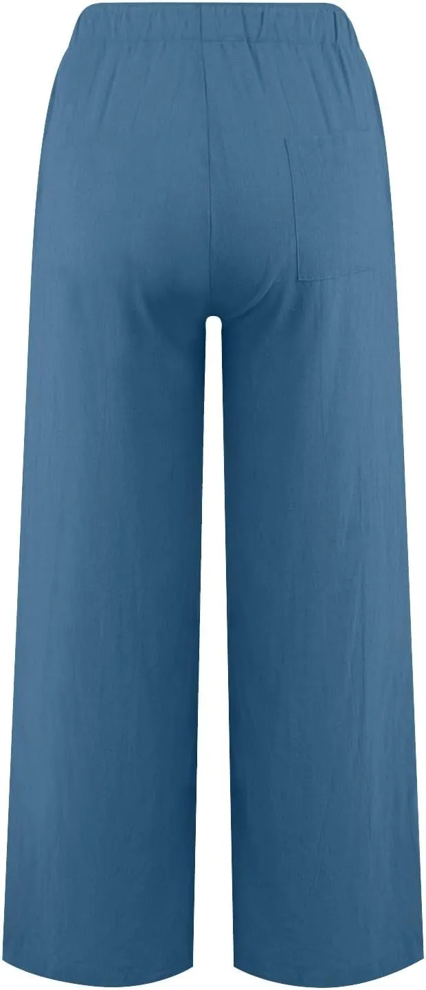 Women's Linen Blend Summer Letter Patched Pants Elastic Waisted Wide Leg Slim Fit Palazzo Lounge Pants