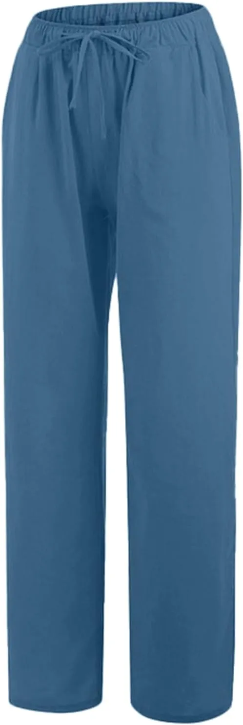 Women's Linen Blend Summer Letter Patched Pants Elastic Waisted Wide Leg Slim Fit Palazzo Lounge Pants