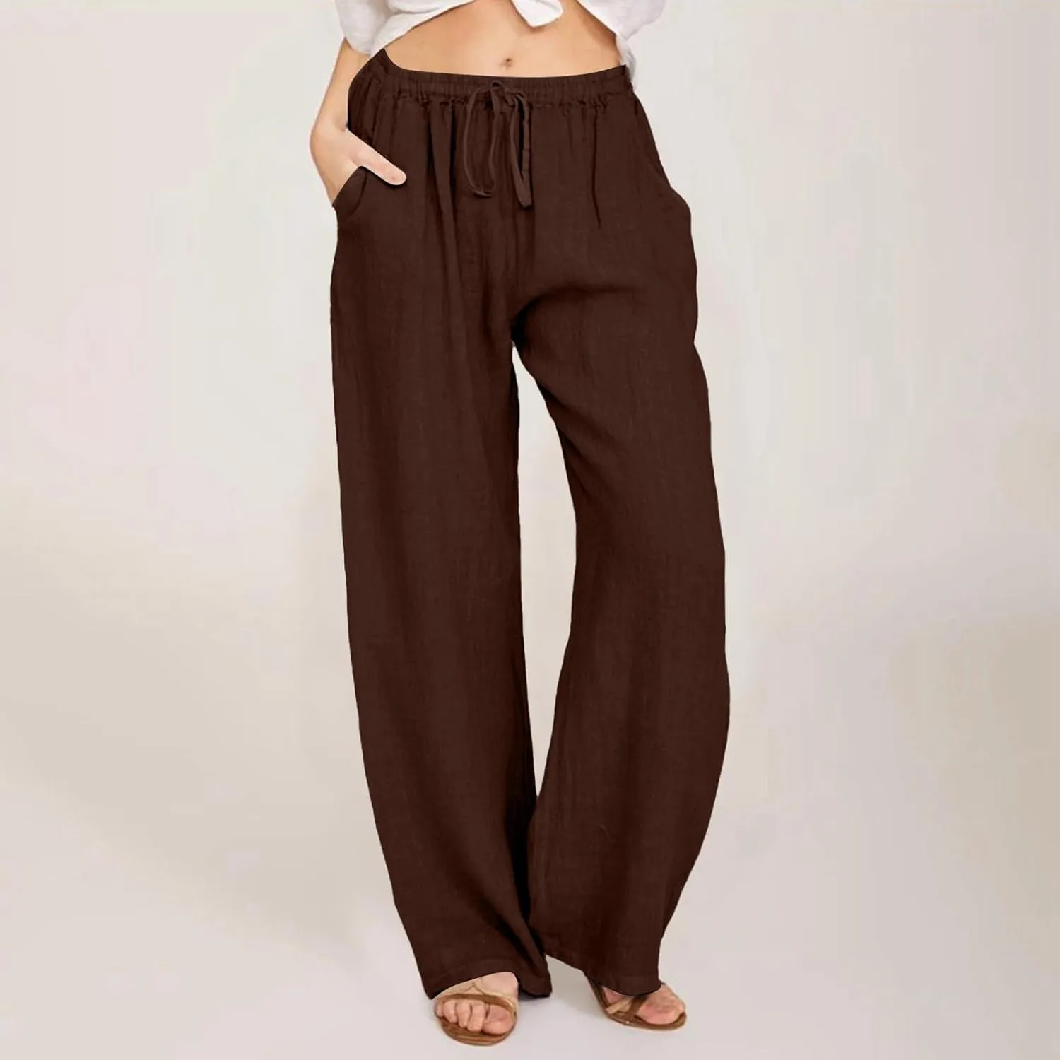 Women's Linen Blend Summer Loose Pants Low Waist Baggy Stretchy Loose Fit Pant Trousers Trendy