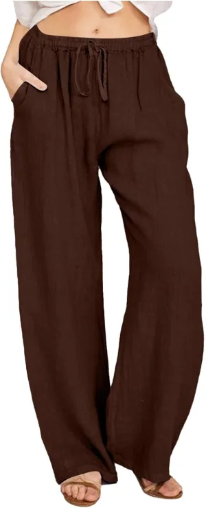 Women's Linen Blend Summer Loose Pants Low Waist Baggy Stretchy Loose Fit Pant Trousers Trendy