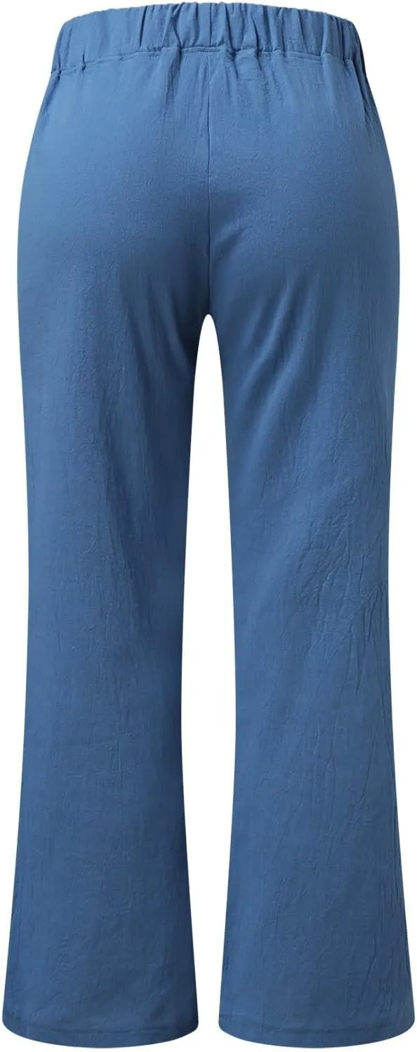 Women's Linen Blend Summer Printed Palazzo Pants Elastic Waist Bootcut Plus Size Palazzo Lounge Pants Beach