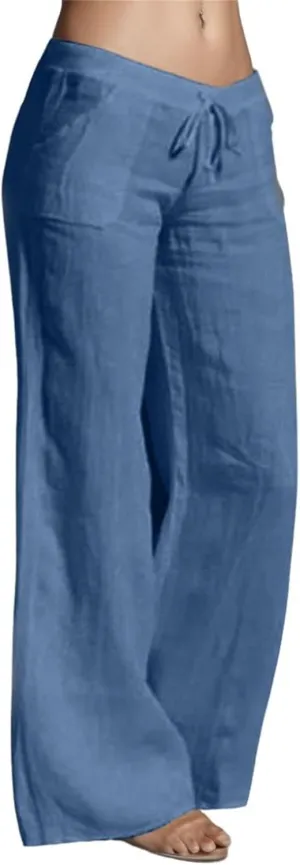 Women's Linen Blend Summer Printed Palazzo Pants Elastic Waist Bootcut Plus Size Palazzo Lounge Pants Beach