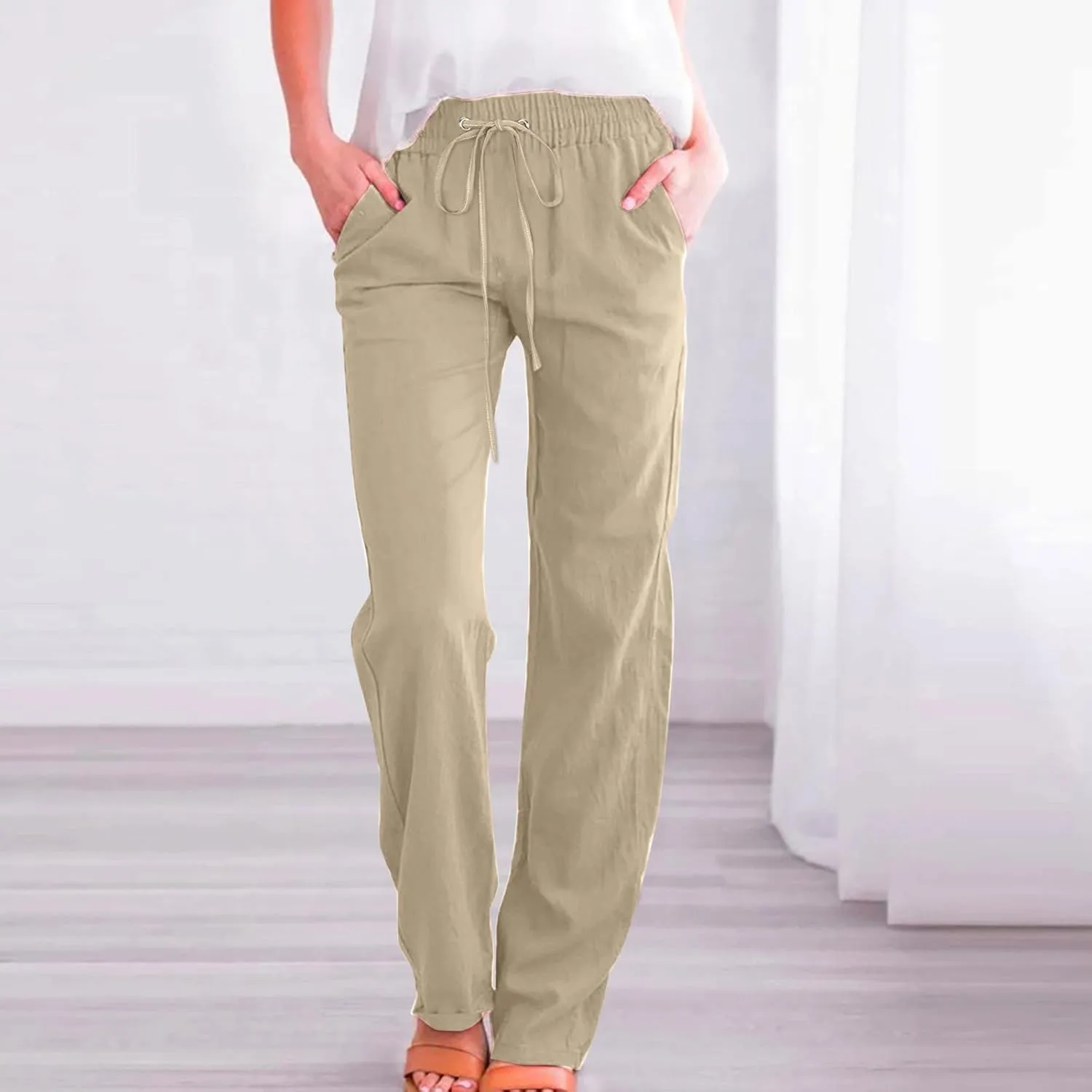 Womens Linen Blend Summer Pull On Pant Trousers Elastic Waist Bootcut Slim-Fit Palazzo Pants Travel