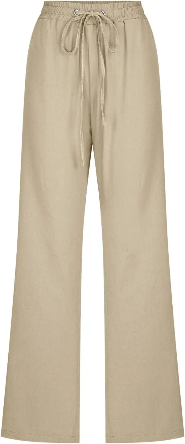 Womens Linen Blend Summer Pull On Pant Trousers Elastic Waist Bootcut Slim-Fit Palazzo Pants Travel