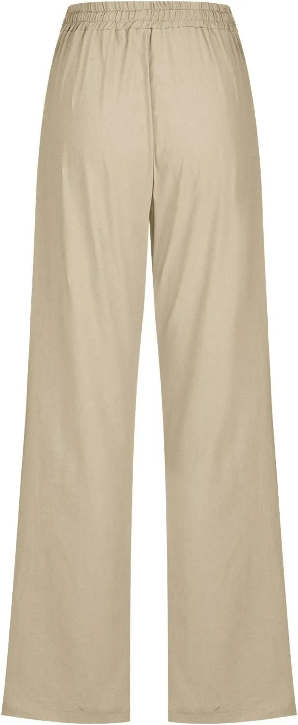 Womens Linen Blend Summer Pull On Pant Trousers Elastic Waist Bootcut Slim-Fit Palazzo Pants Travel