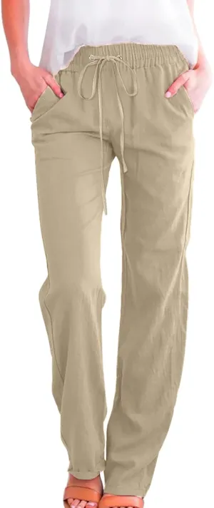 Womens Linen Blend Summer Pull On Pant Trousers Elastic Waist Bootcut Slim-Fit Palazzo Pants Travel