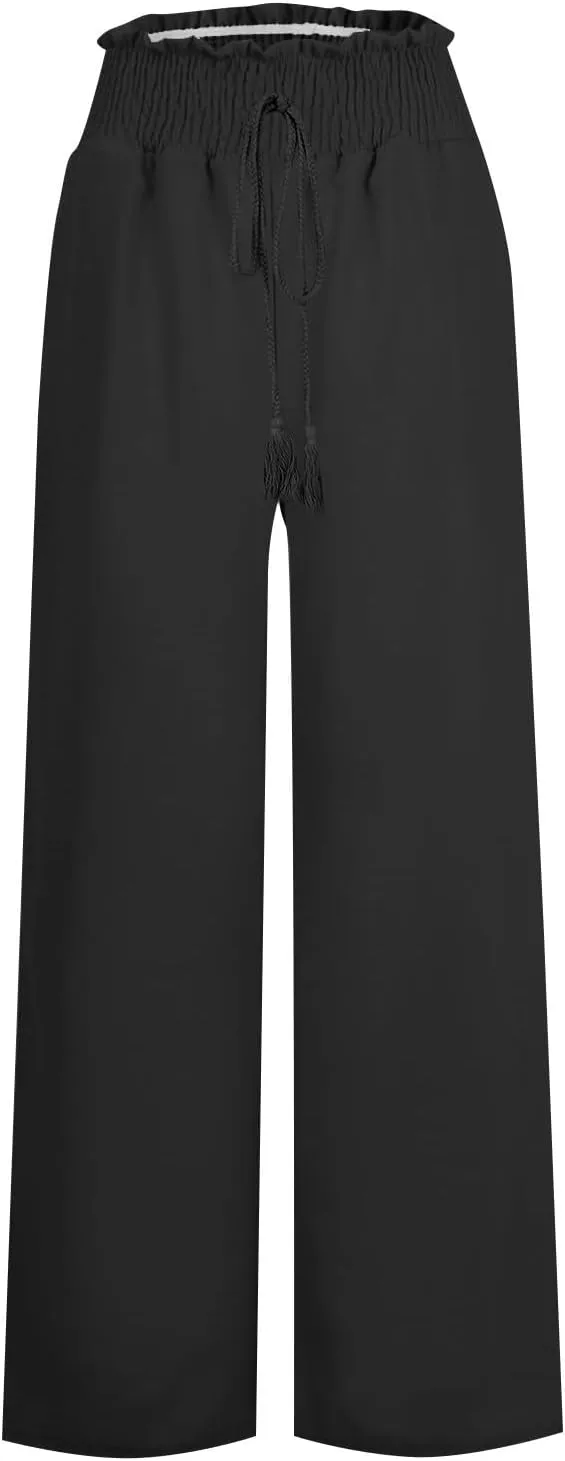 Women's Linen Summer Casual Flowy Palazzo Lounge Pants Elastic Waisted Straight Loose Fit Pants Beach