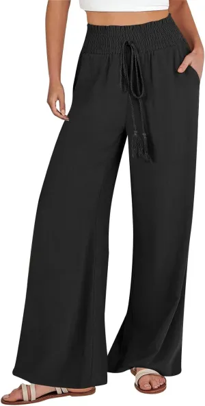 Women's Linen Summer Casual Flowy Palazzo Lounge Pants Elastic Waisted Straight Loose Fit Pants Beach