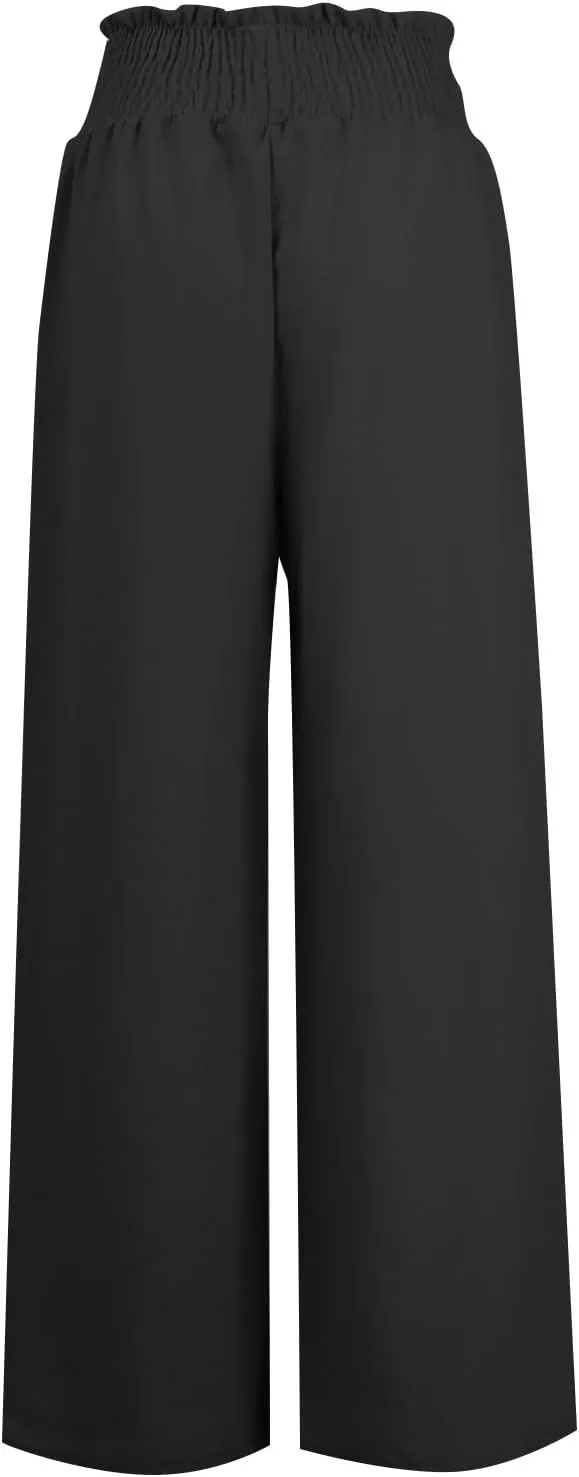Women's Linen Summer Casual Flowy Palazzo Lounge Pants Elastic Waisted Straight Loose Fit Pants Beach
