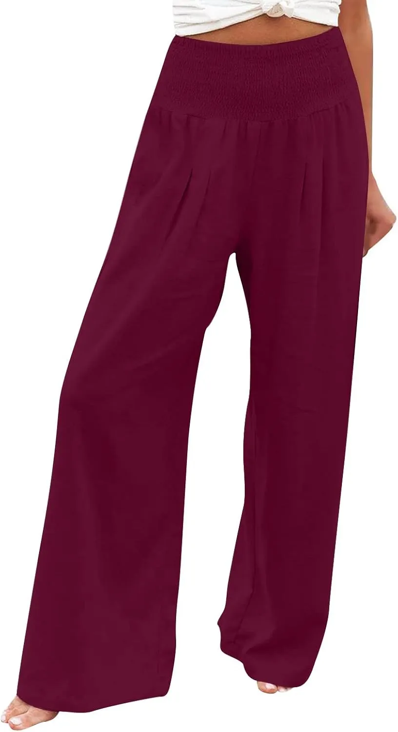 Womens Linen Summer Casual Flowy Pant Trousers High Waist Long Lounge Loose Fit Palazzo Lounge Pants Office