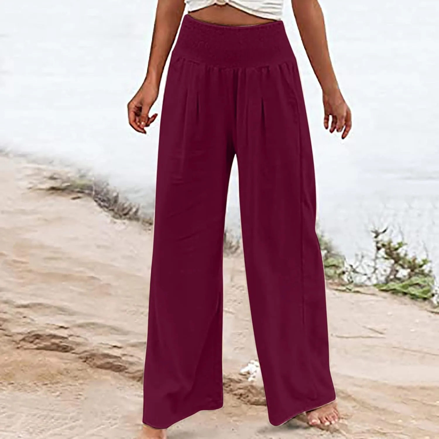 Womens Linen Summer Casual Flowy Pant Trousers High Waist Long Lounge Loose Fit Palazzo Lounge Pants Office