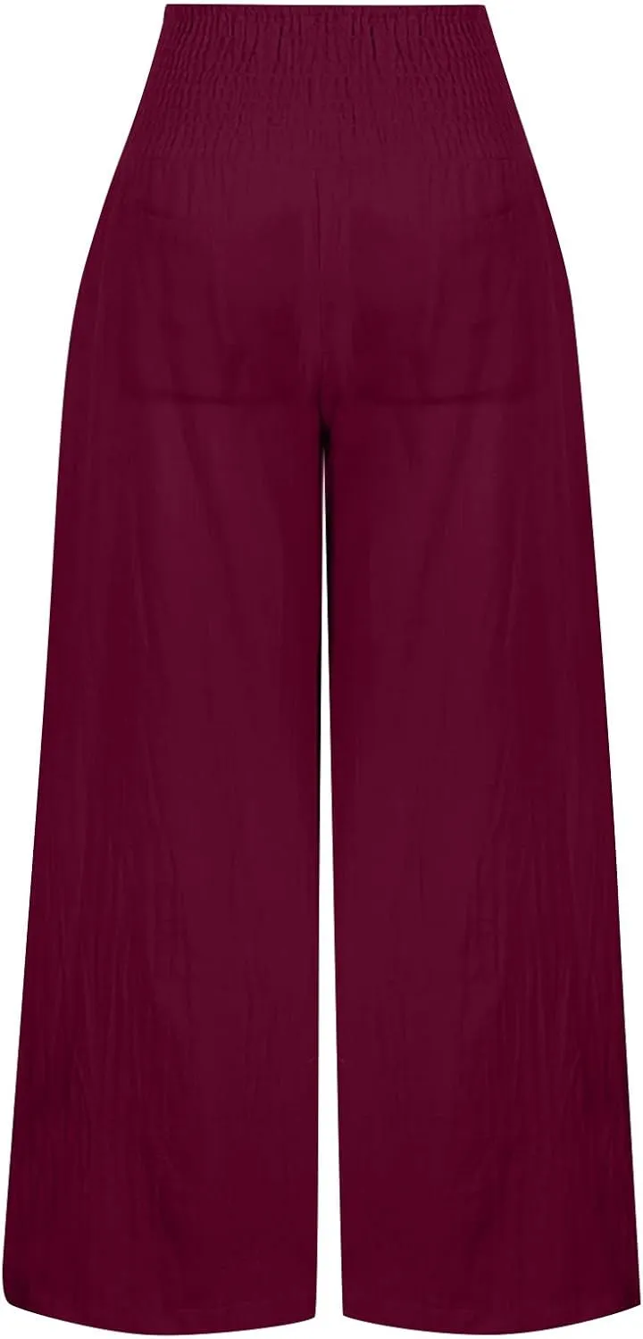Womens Linen Summer Casual Flowy Pant Trousers High Waist Long Lounge Loose Fit Palazzo Lounge Pants Office