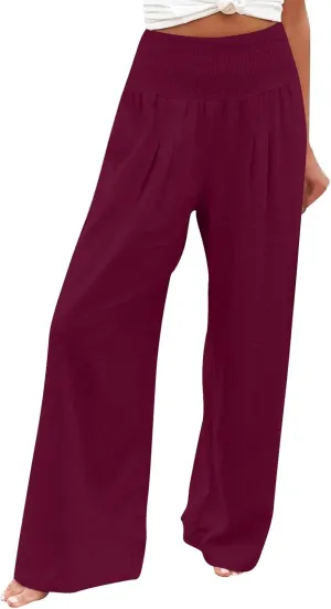 Womens Linen Summer Casual Flowy Pant Trousers High Waist Long Lounge Loose Fit Palazzo Lounge Pants Office