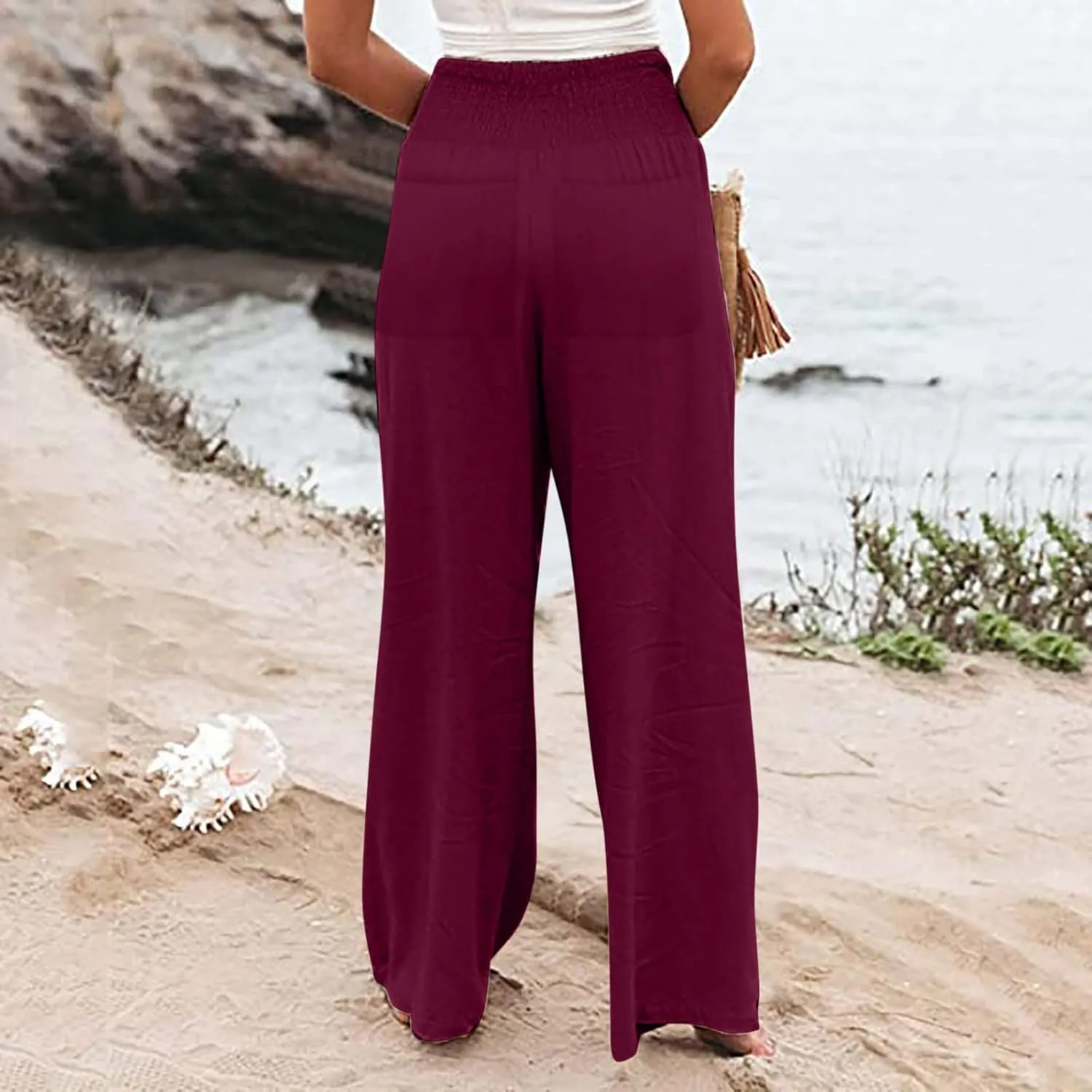 Womens Linen Summer Casual Flowy Pant Trousers High Waist Long Lounge Loose Fit Palazzo Lounge Pants Office