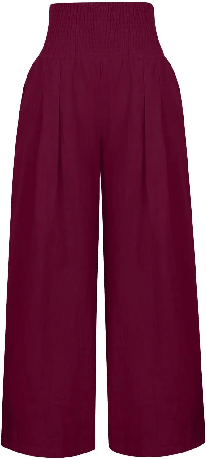 Womens Linen Summer Casual Flowy Pant Trousers High Waist Long Lounge Loose Fit Palazzo Lounge Pants Office