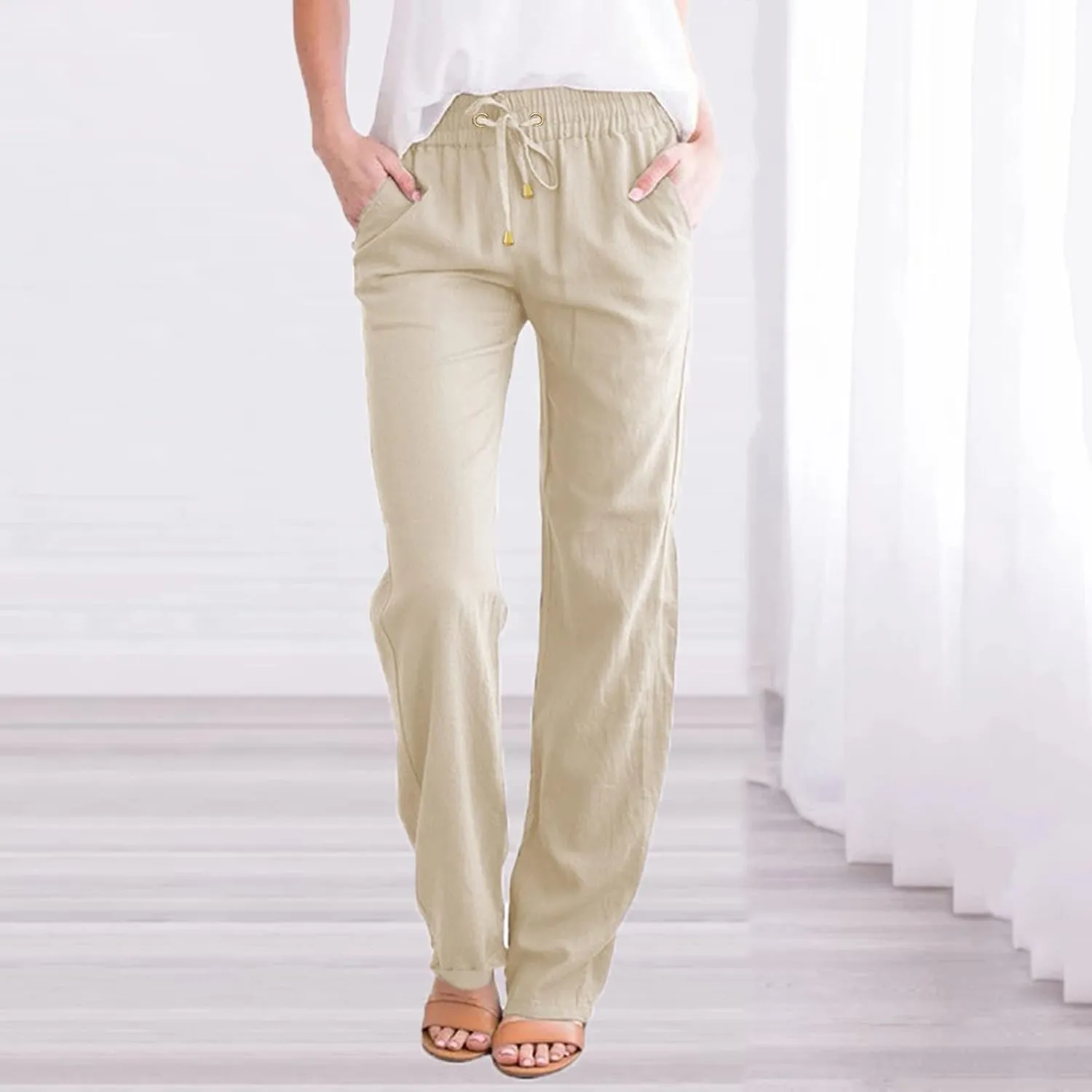 Womens Linen Summer Letter Patched Palazzo Pants High Waist Wide Leg Plus Size Palazzo Lounge Pants Vacation