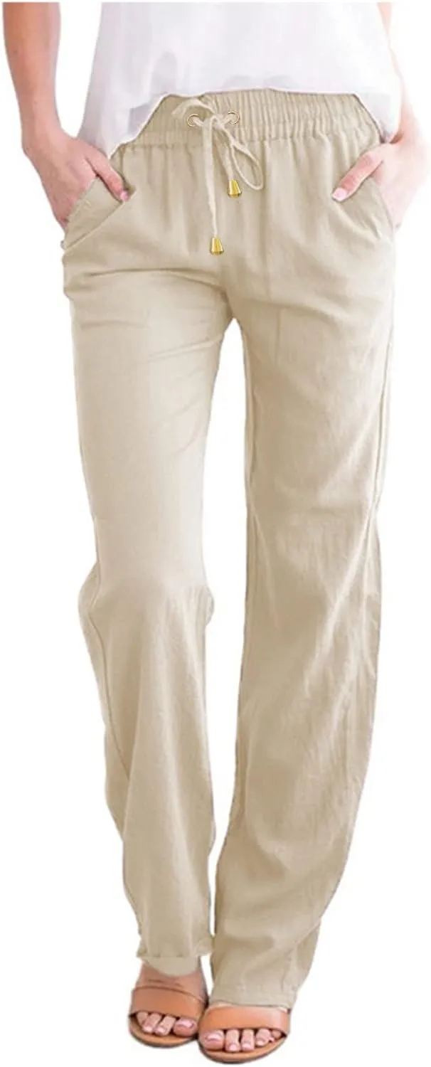 Womens Linen Summer Letter Patched Palazzo Pants High Waist Wide Leg Plus Size Palazzo Lounge Pants Vacation