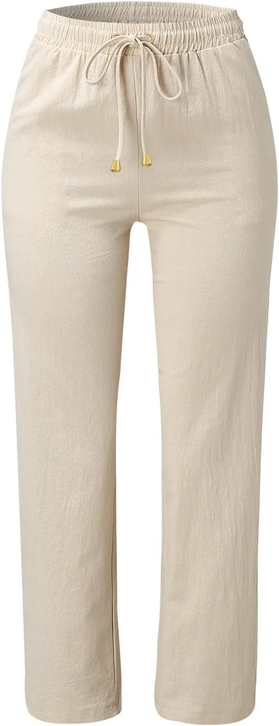 Womens Linen Summer Letter Patched Palazzo Pants High Waist Wide Leg Plus Size Palazzo Lounge Pants Vacation