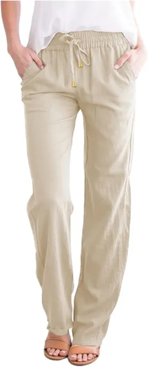 Womens Linen Summer Letter Patched Palazzo Pants High Waist Wide Leg Plus Size Palazzo Lounge Pants Vacation