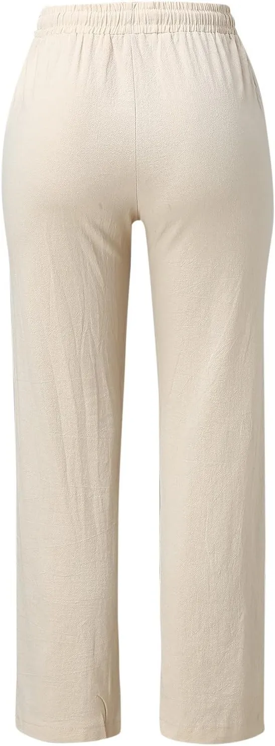 Womens Linen Summer Letter Patched Palazzo Pants High Waist Wide Leg Plus Size Palazzo Lounge Pants Vacation