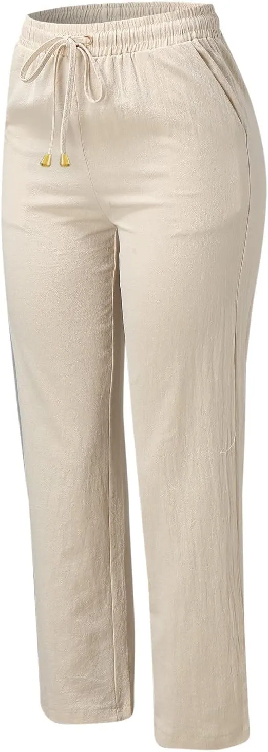 Womens Linen Summer Letter Patched Palazzo Pants High Waist Wide Leg Plus Size Palazzo Lounge Pants Vacation