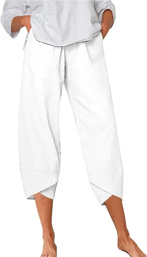 Women's Linen Summer Printed Pant Trousers Low Waist Wide Leg Plus Size Palazzo Pants Travel