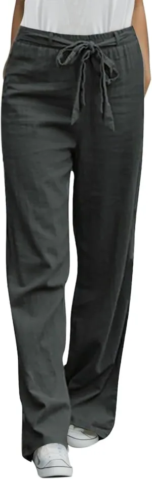 Women's Linen Summer Split Flowy Palazzo Pants Elastic Waist Long Lounge Slim-Fit Palazzo Pants Vacation