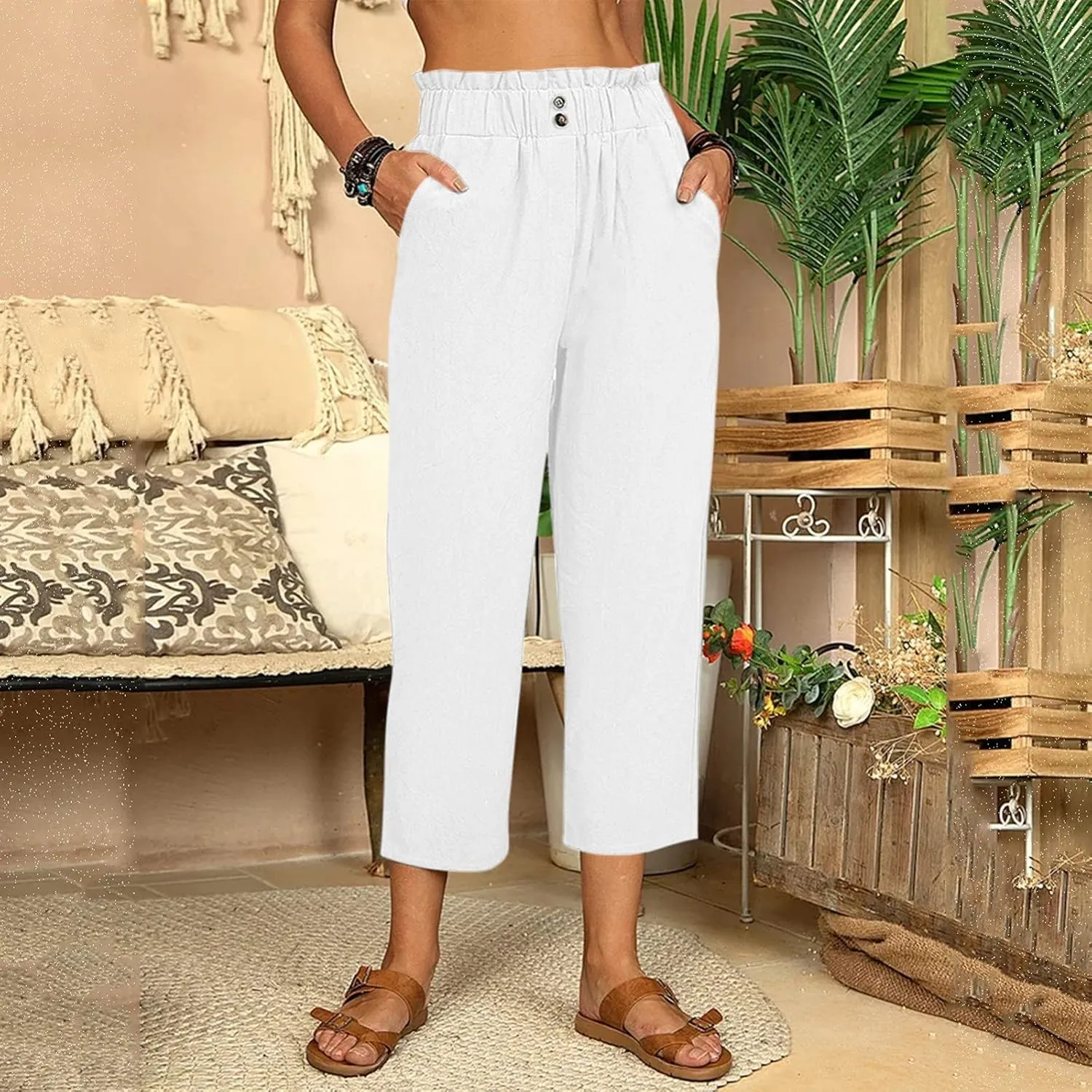 Women's Linen Summer Y2K Fashion Pants Elastic Waisted Ankle Length Slim Fit Trousers Beach