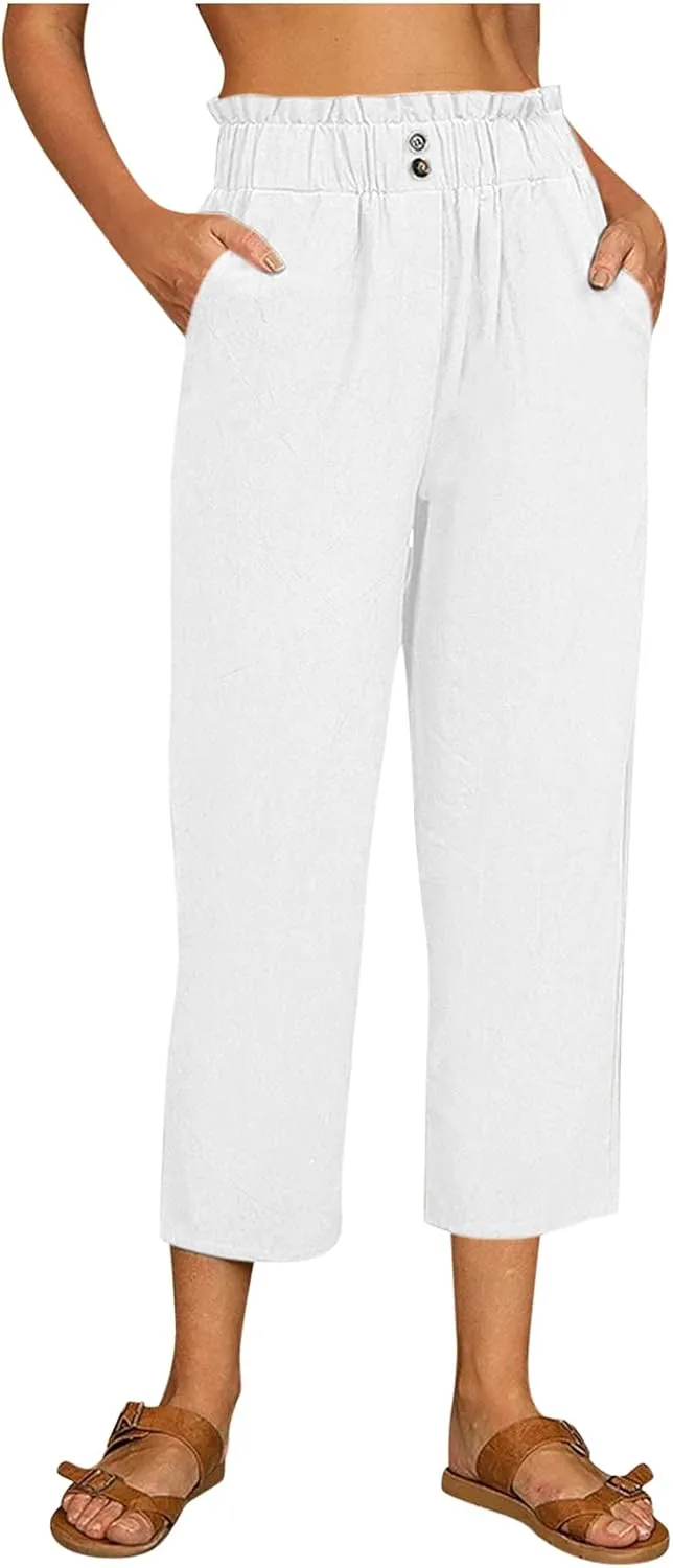 Women's Linen Summer Y2K Fashion Pants Elastic Waisted Ankle Length Slim Fit Trousers Beach