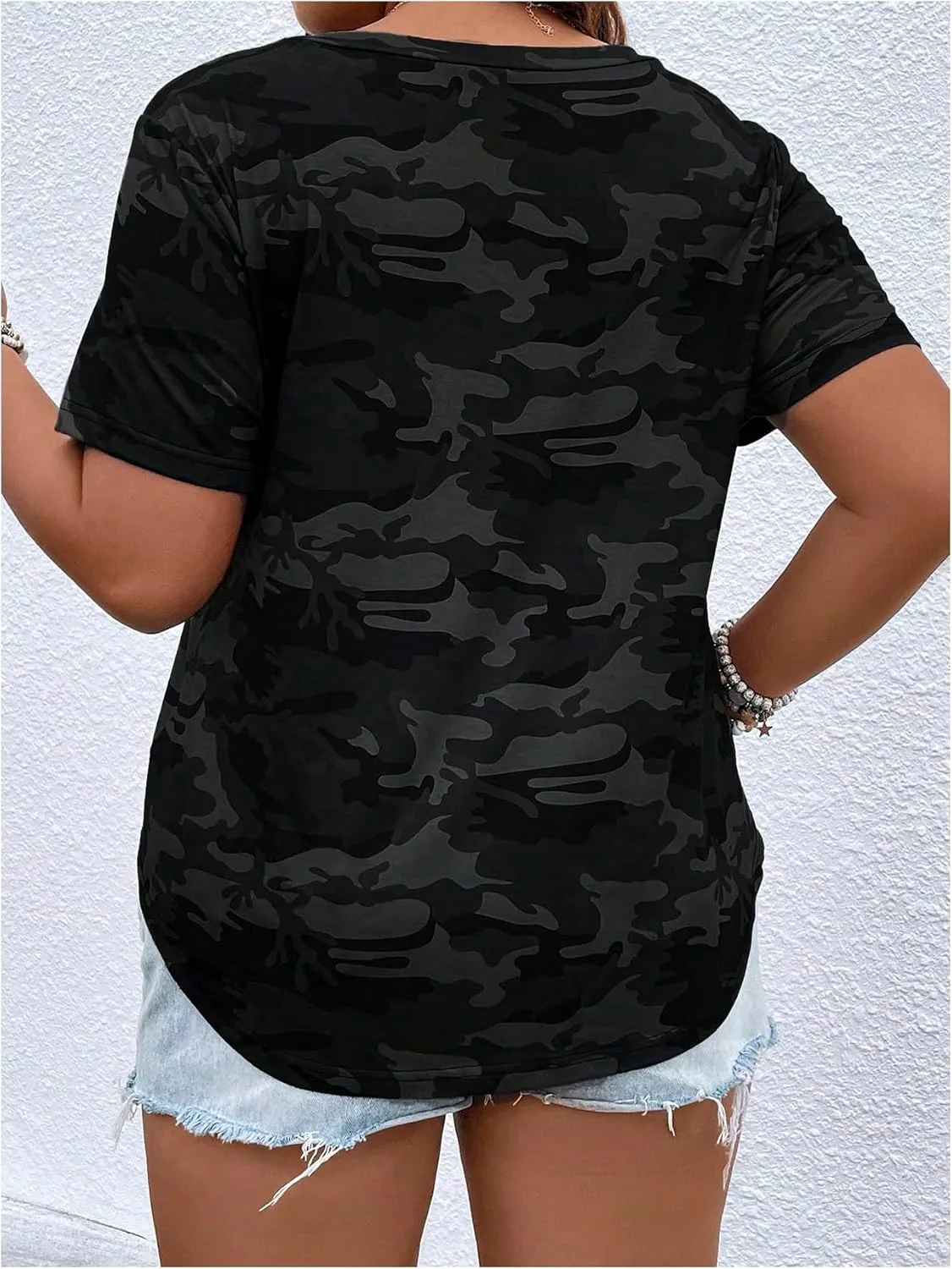 Women's Plus Size Tops Short Sleeve Camo Tee Loose Fit Half Button V Neck Tees Shirts