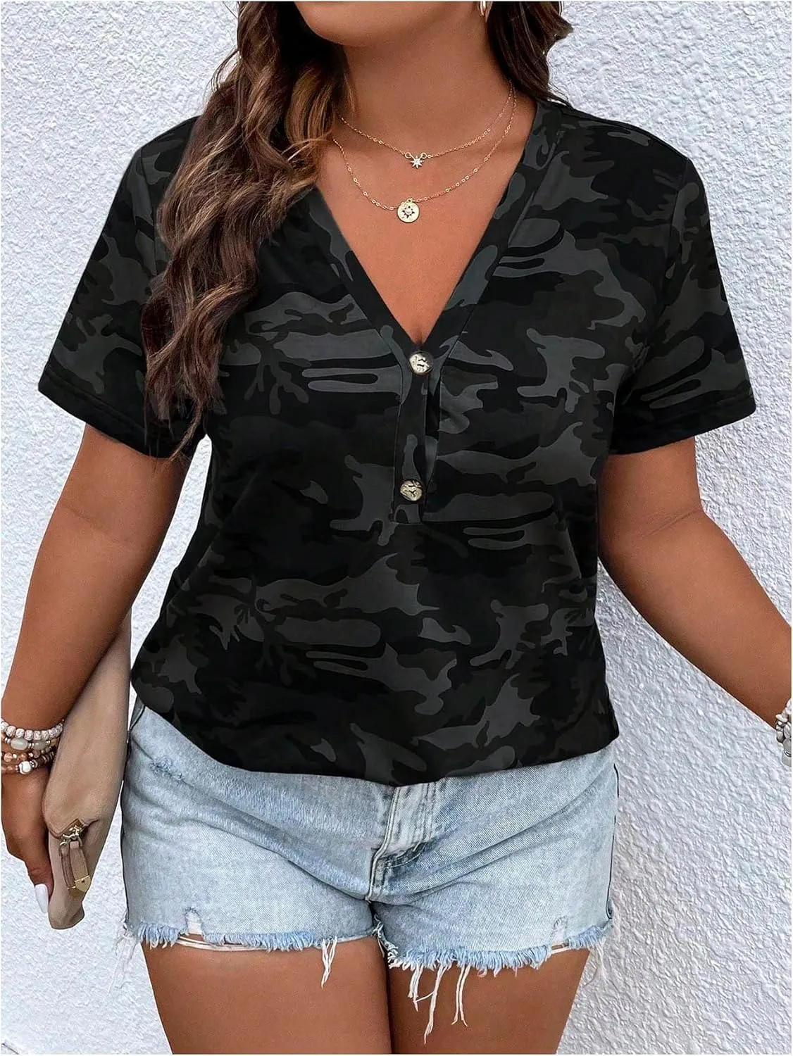 Women's Plus Size Tops Short Sleeve Camo Tee Loose Fit Half Button V Neck Tees Shirts
