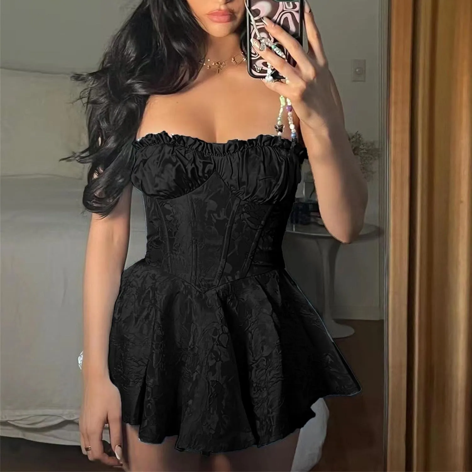 Women's Ruffle Hem Elegant Sexy Dress Lace A Line Tube Top Mini Dress Bodycon Sleeveless Cocktail Party Dresses