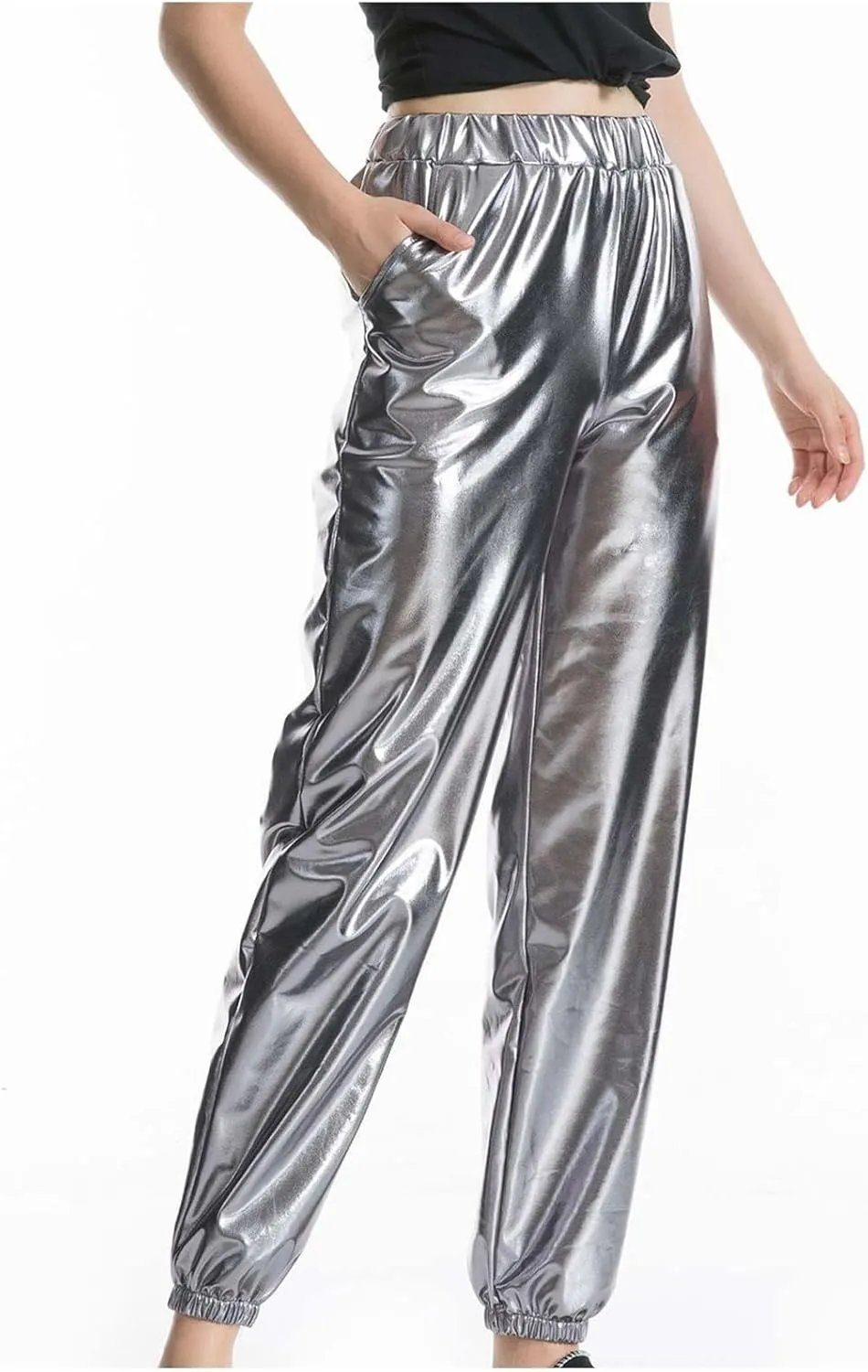 Womens Shiny Metallic High Waist Stretchy Jogger Pants Hip Hop Clubwear Holographic Trousers Sweatpant for 70s 80s