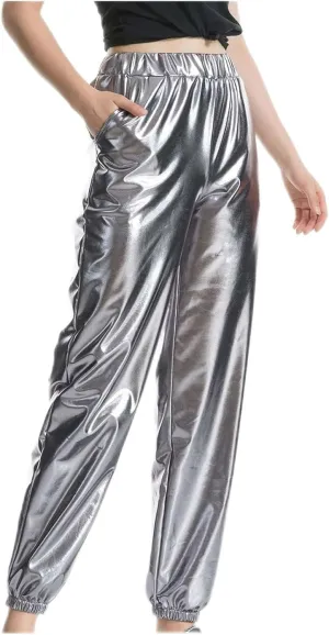 Womens Shiny Metallic High Waist Stretchy Jogger Pants Hip Hop Clubwear Holographic Trousers Sweatpant for 70s 80s